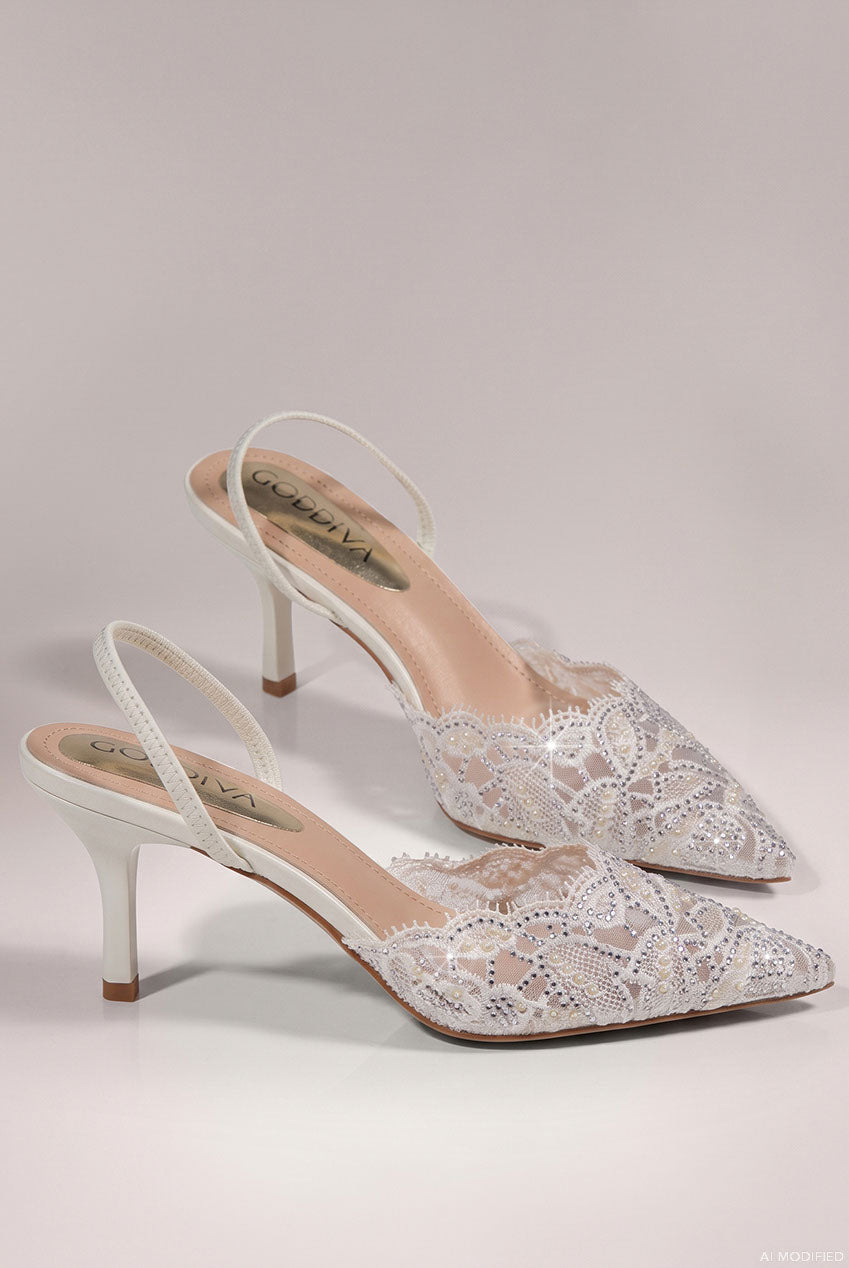 Goddiva Embellished Scalloped Edged Lace Slingback Heels - White