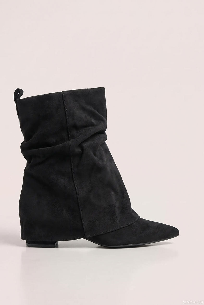 Goddiva Mid Calf Slouchy Low Block Heel Boots - Black