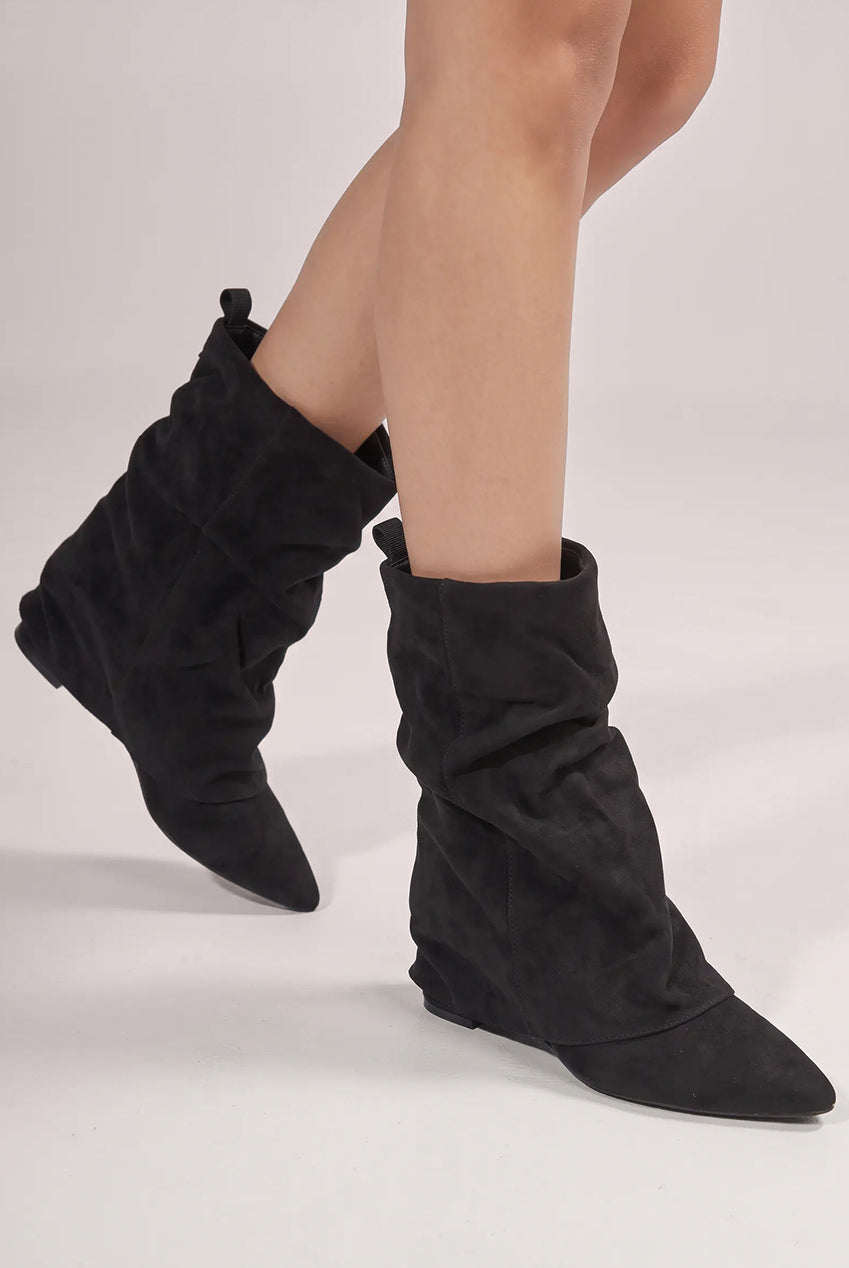 Goddiva Mid Calf Slouchy Low Block Heel Boots - Black
