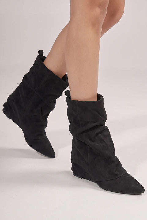 Goddiva Mid Calf Slouchy Low Block Heel Boots - Black
