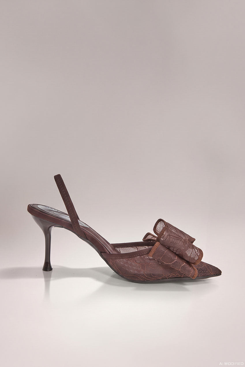 Goddiva Pointed Toe Lace Bow  Stiletto Slingback Heels - Brown