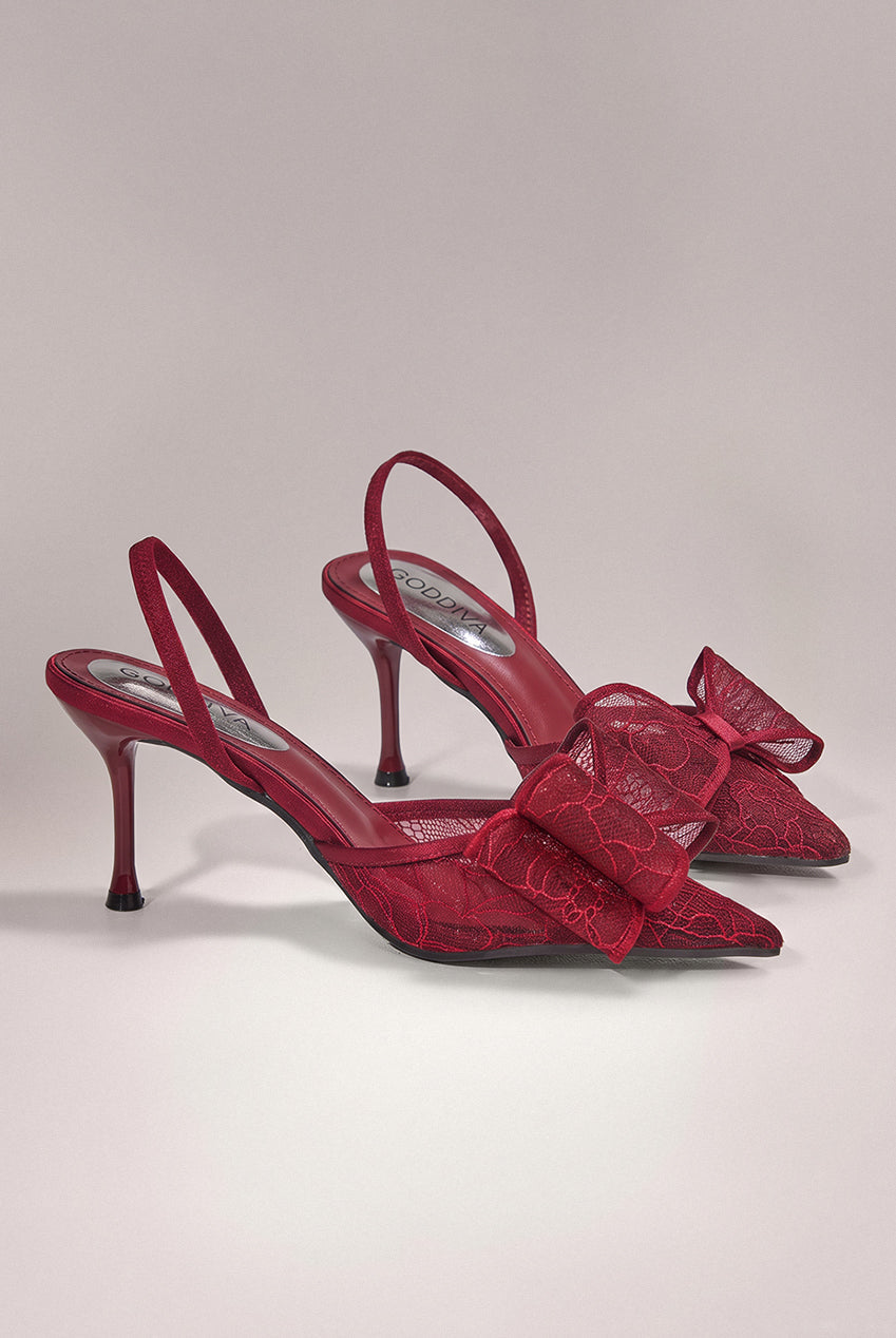 Goddiva Pointed Toe Lace Bow  Stiletto Slingback Heels - Wine