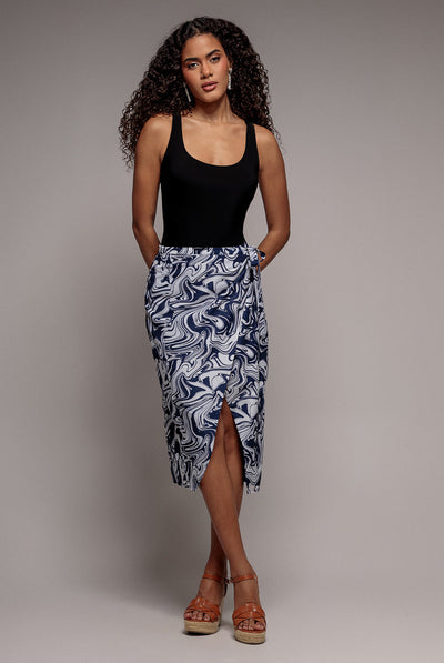 Navy - City Goddess Printed High Waist Wrap Midi Skirt - Navy
