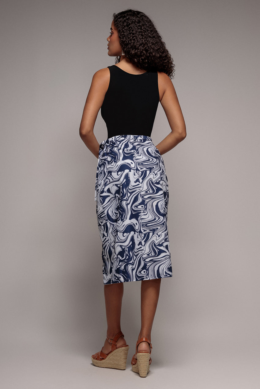 City Goddess Printed High Waist Wrap Midi Skirt - Navy