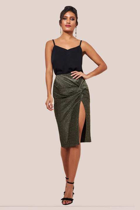 Goddiva Knot Front Thigh Split Midi Skirt - Gold