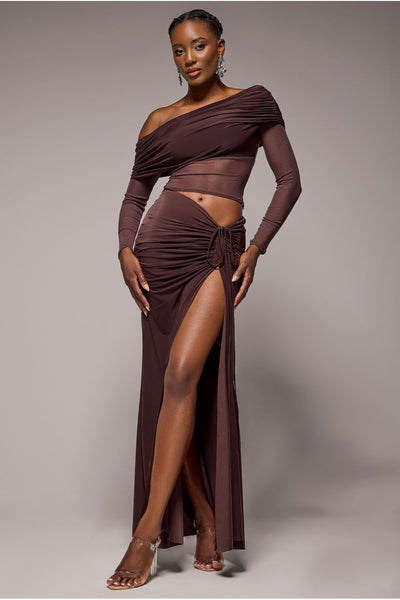 Brown - Goddiva Super Split Front Drawstring Maxi Skirt - Brown