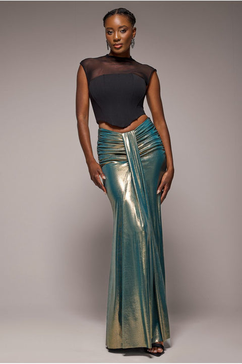 Goddiva Gathered Front Dipped Waist Foil Maxi Skirt - Gold