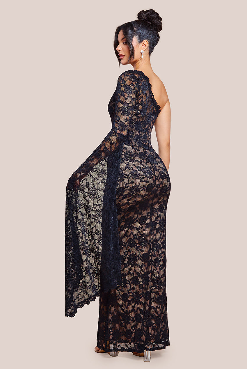 Goddiva One Shoulder Scalloped Neck Maxi Dress - Black