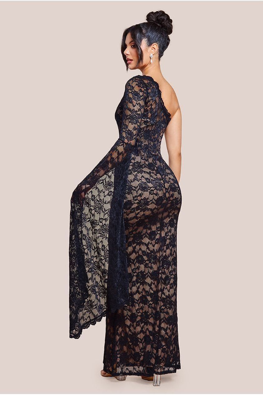 Goddiva One Shoulder Scalloped Neck Maxi Dress - Black