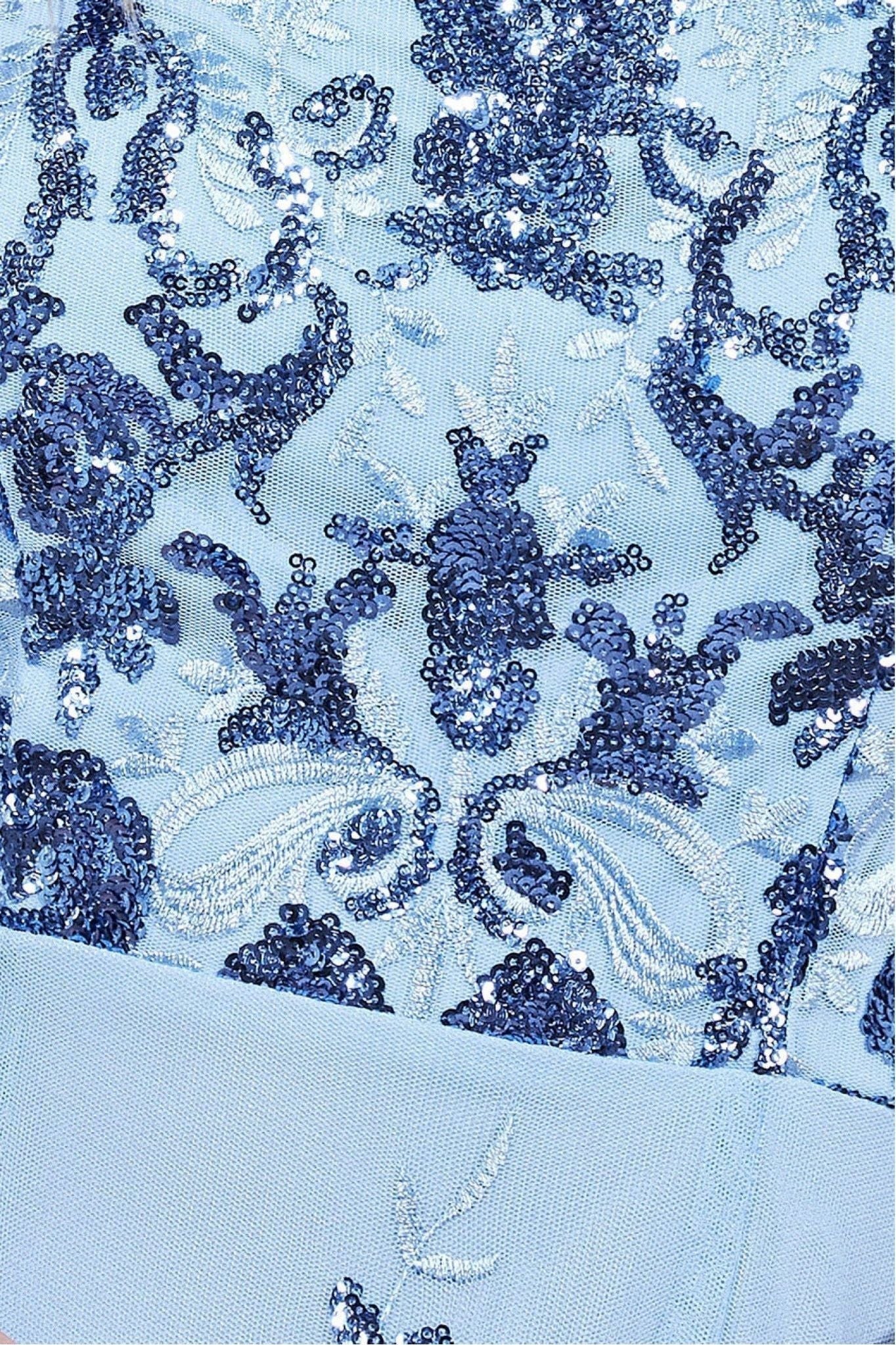 Goddiva Bardot Sequin & Lace High Low Midi - Blue