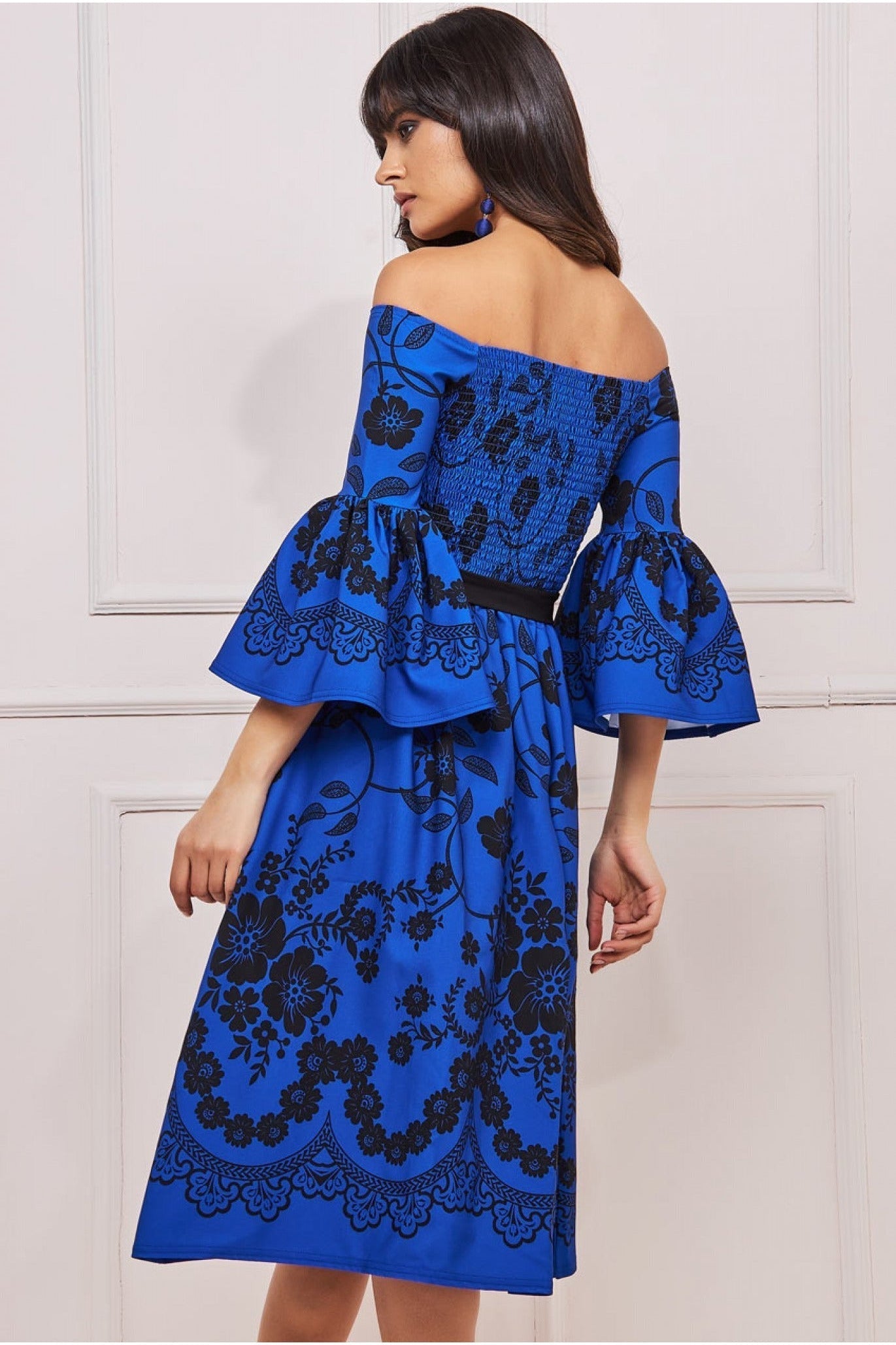 Goddiva Printed Off The Shoulder Midi Dress - Royalblue