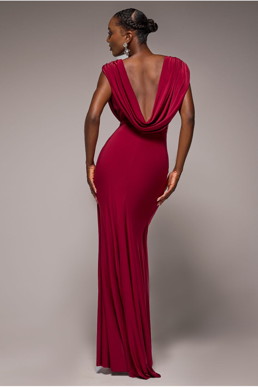 Goddiva Cowl Plunge Draped Mermaid Maxi Dress - Wine