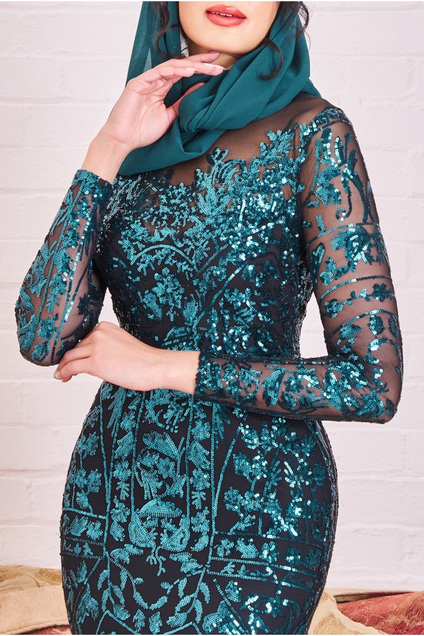 Goddiva Modesty Sequin Embroidered Maxi Dress - Emerald
