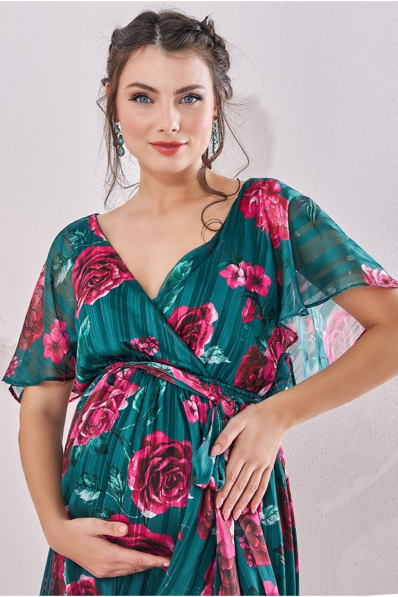 Goddiva Maternity Flutter Sleeve Floral Wrap Maxi  Emerald