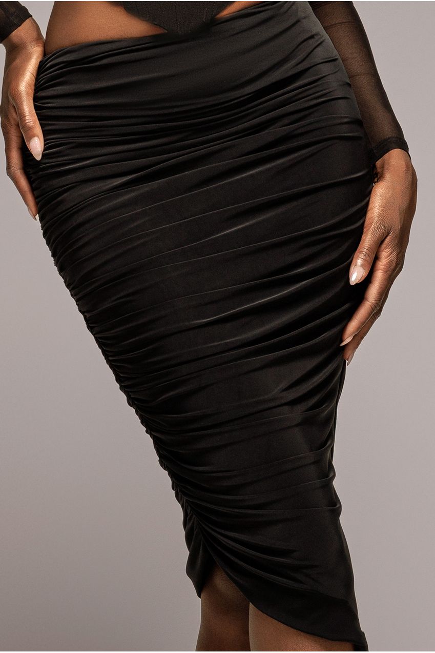 Goddiva Side Gathered Asymmetric Midi Skirt - Black