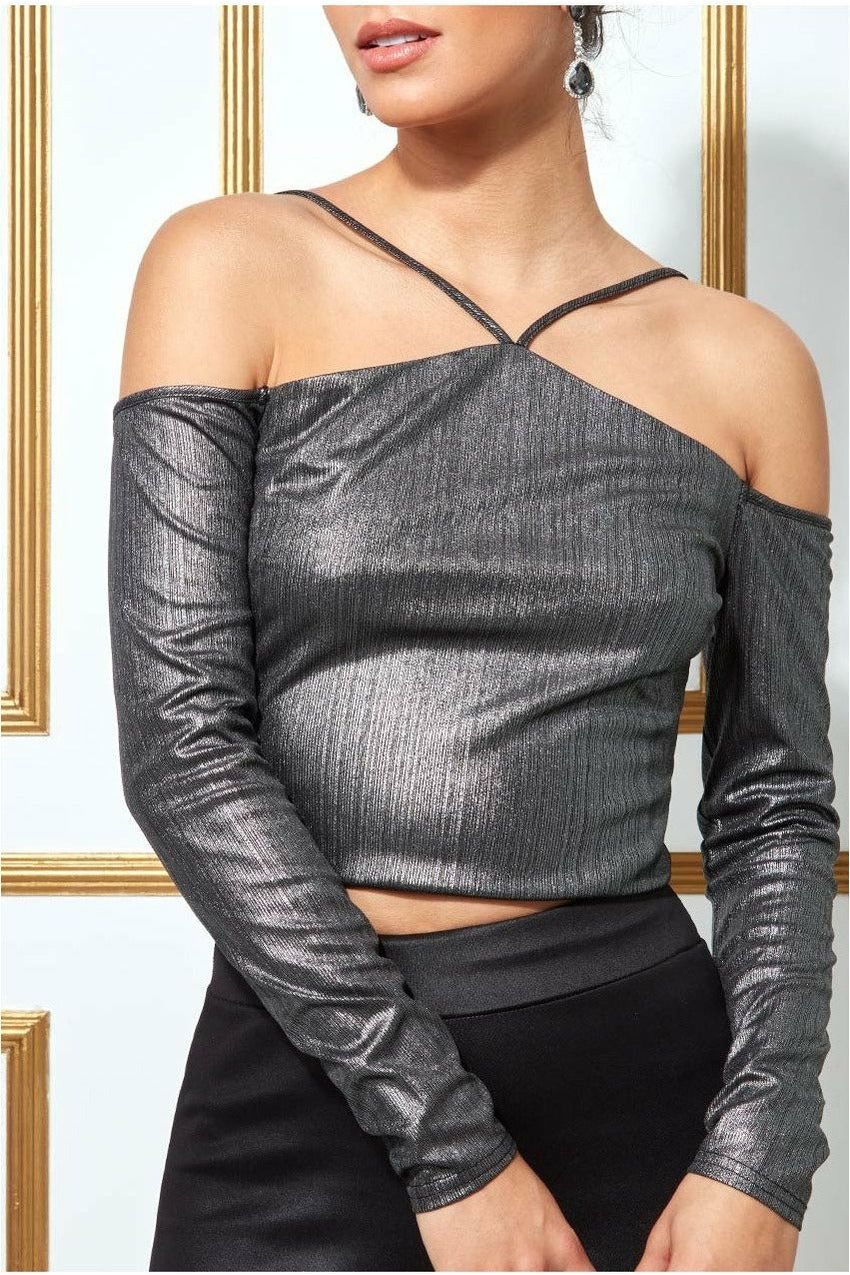 Goddiva Metallic Cut Out Crop Top - Dullsilver