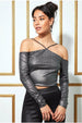 Goddiva Metallic Cut Out Crop Top - Dullsilver
