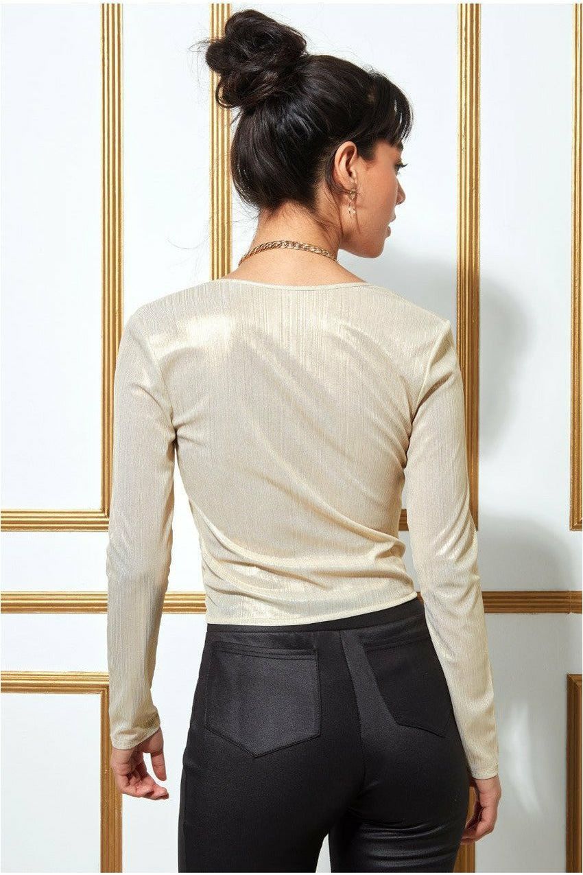 Goddiva Metallic String Long Sleeve Top - Creamgold