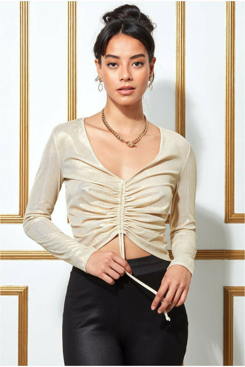 Goddiva Metallic String Long Sleeve Top - Creamgold