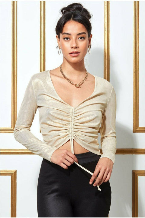 Goddiva Metallic String Long Sleeve Top - Creamgold