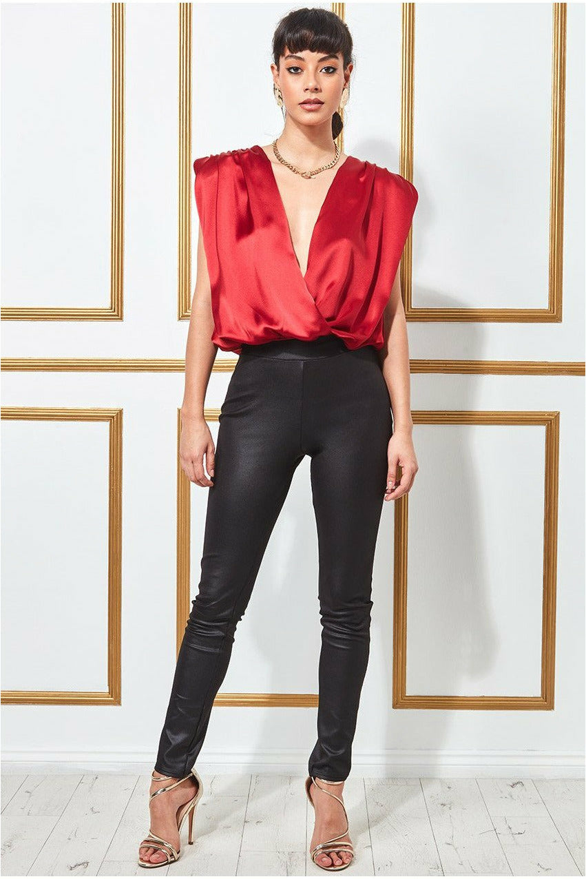 Goddiva Satin Wrap Style Top With Shoulder Pads - Red