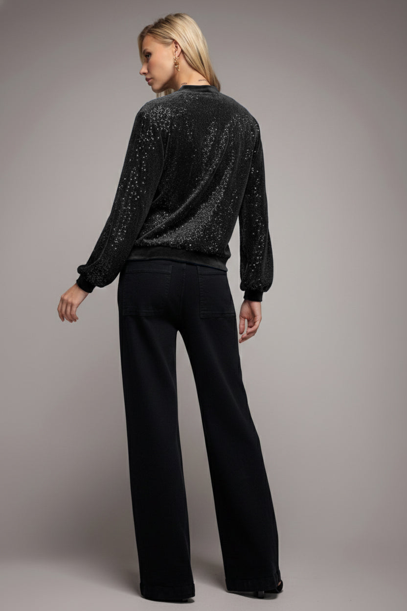 Goddiva Sequin Velvet Sweater - Black
