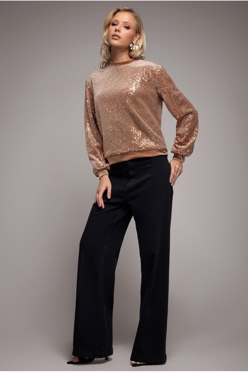Goddiva Sequin Velvet Sweater - Champagne