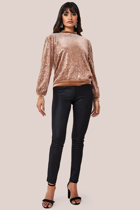 Goddiva Sequin Velvet Sweater - Champagne