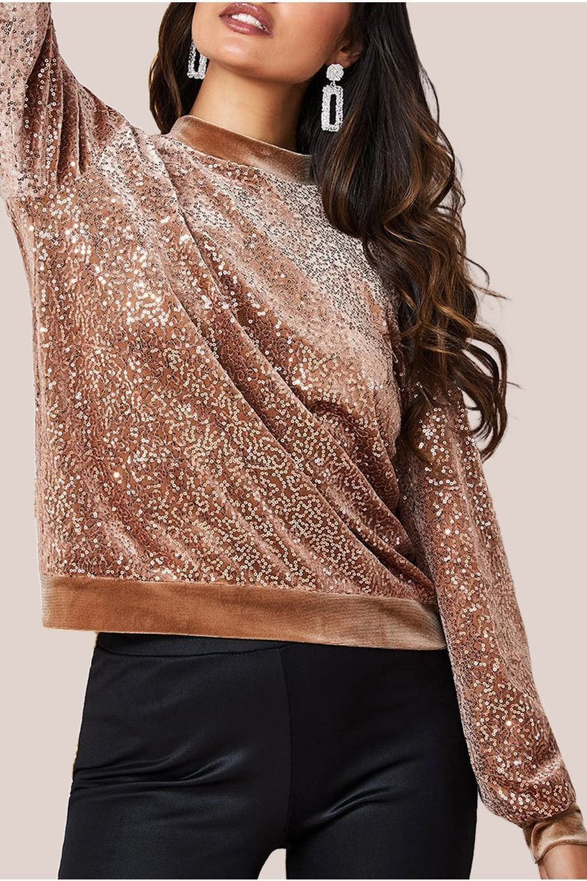 Goddiva Sequin Velvet Sweater - Champagne