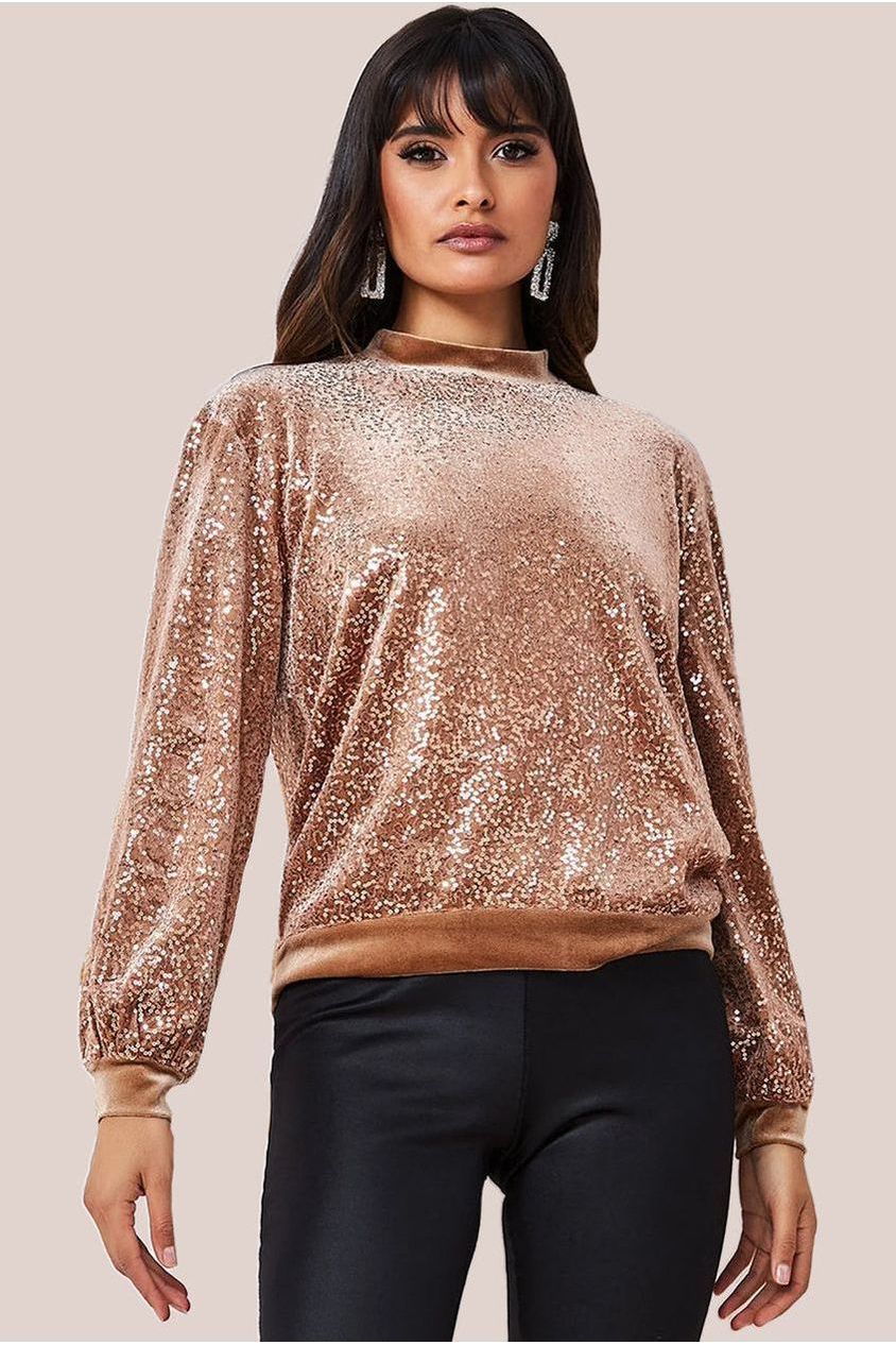 Goddiva Sequin Velvet Sweater - Champagne