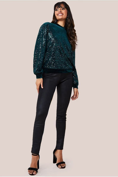 Emerald - Goddiva Sequin Velvet Sweater - Emerald Green