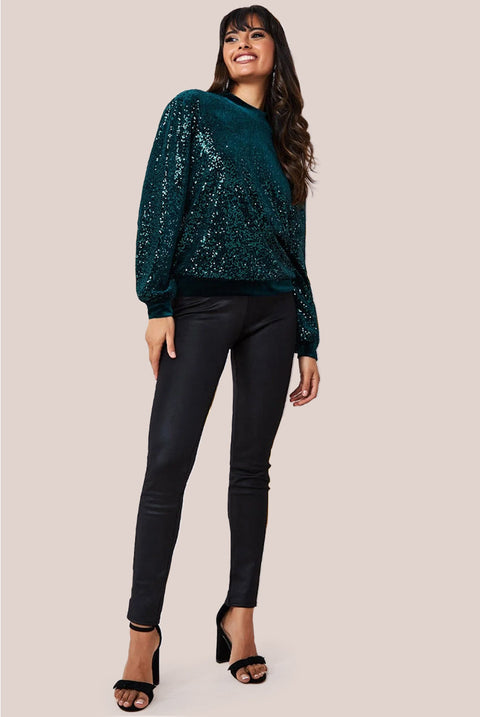 Goddiva Sequin Velvet Sweater - Emerald Green