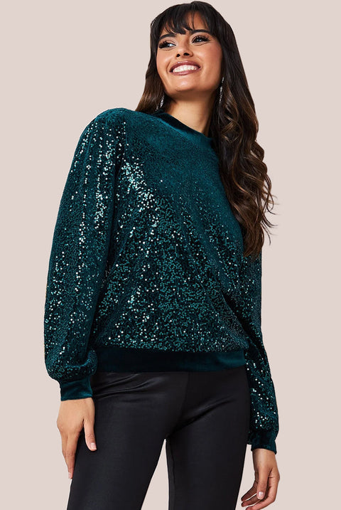 Goddiva Sequin Velvet Sweater - Emerald Green