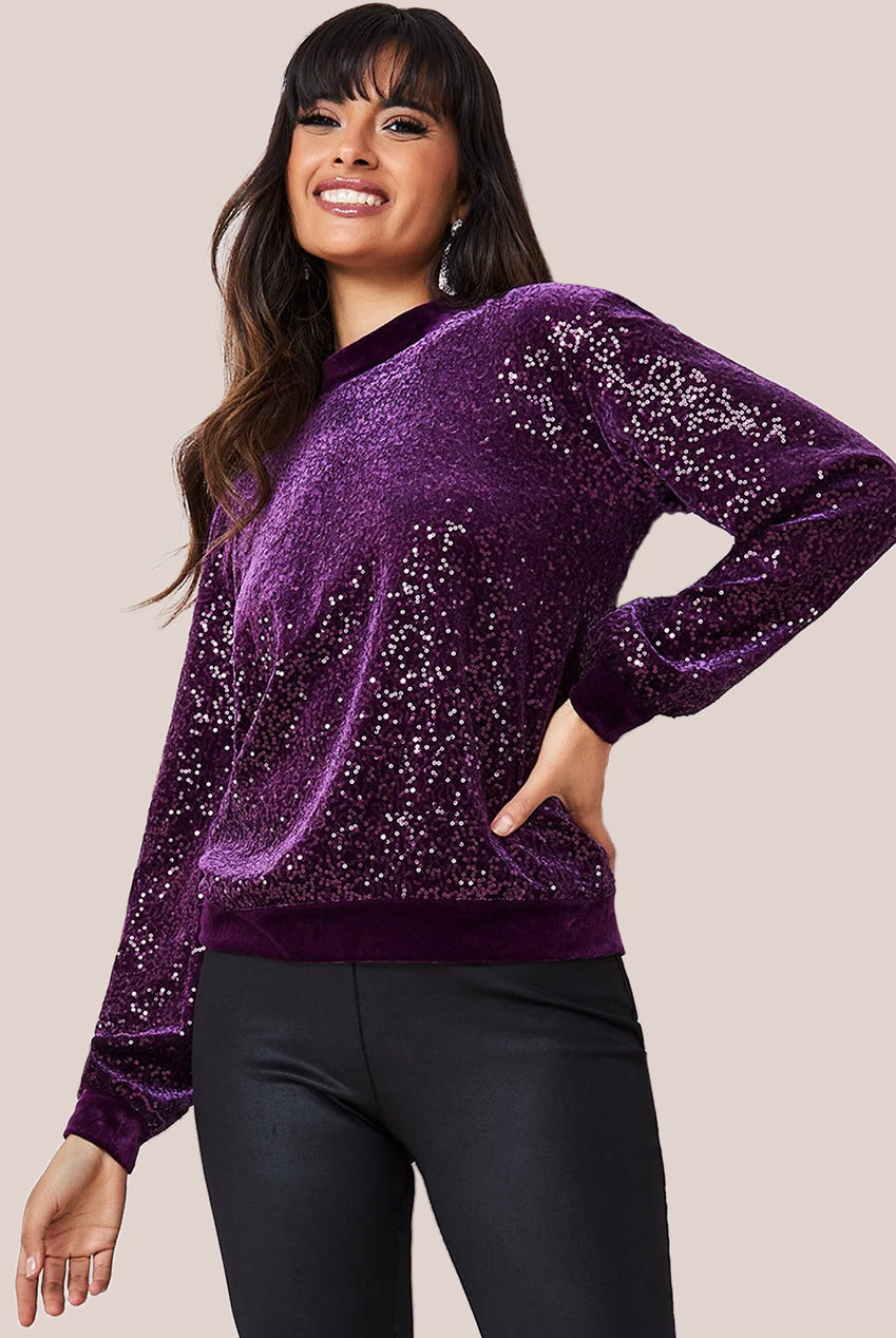 Goddiva Sequin Velvet Sweater - Magenta