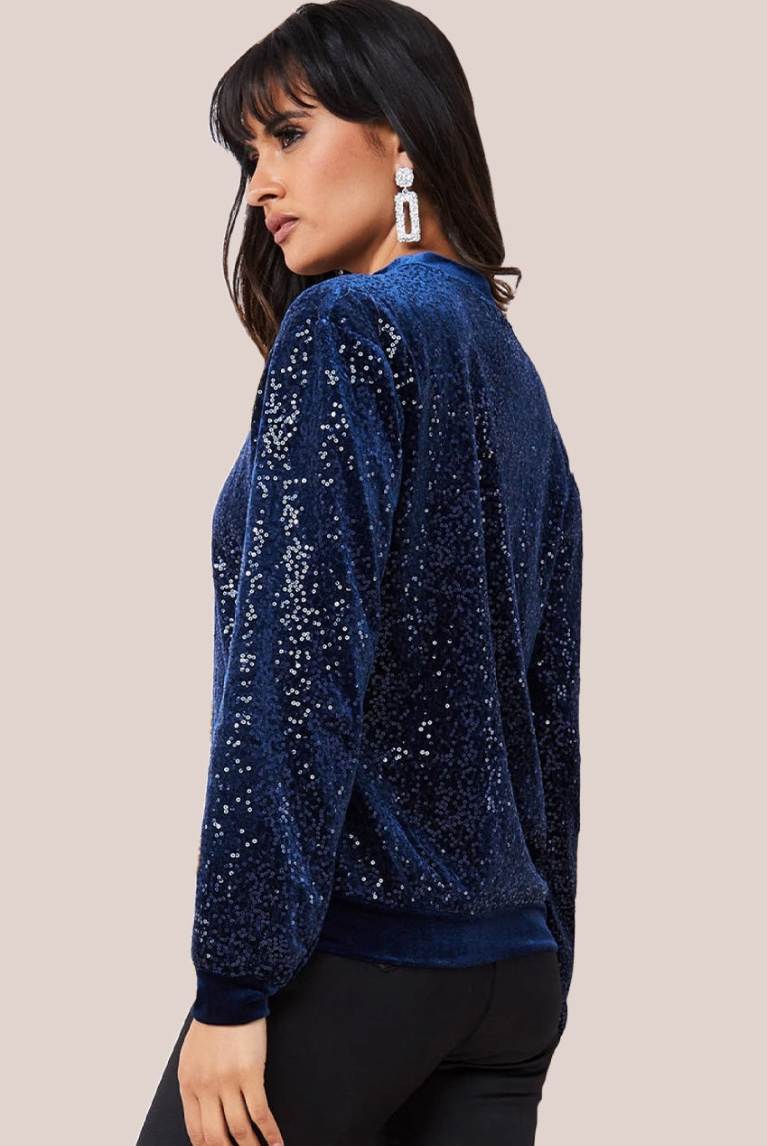 Goddiva Sequin Velvet Sweater - Navy