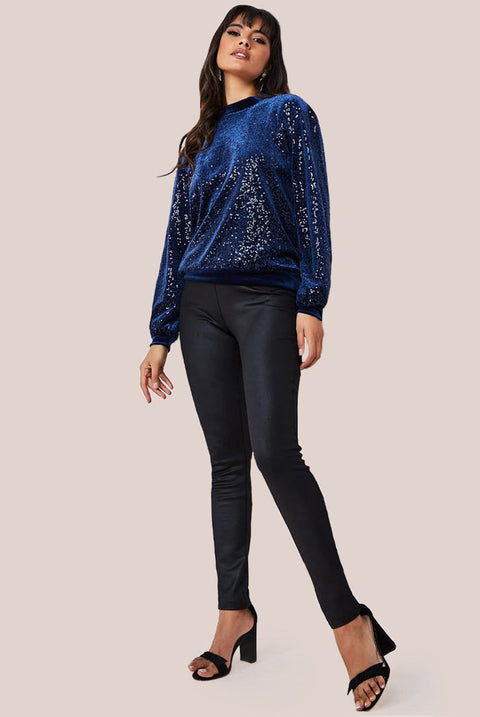 Goddiva Sequin Velvet Sweater - Navy