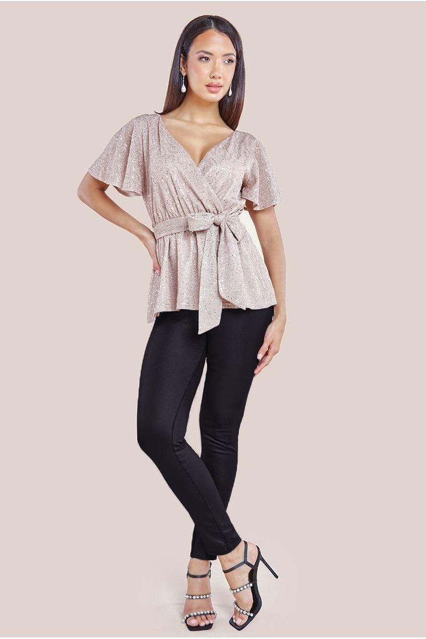 Goddiva Lurex Flutter Sleeve Wrap Top - Champagne