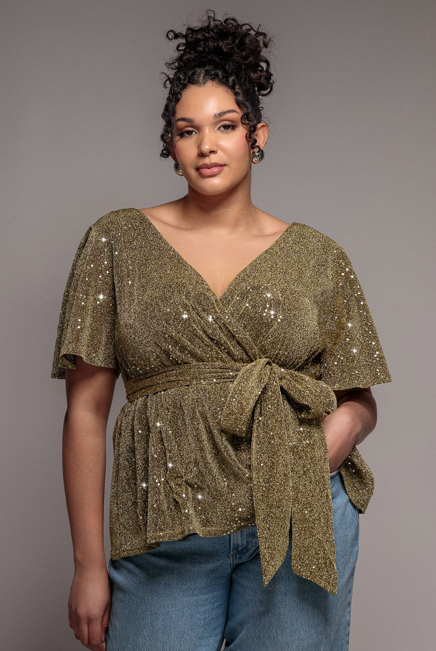 Goddiva Plus Lurex Flutter Sleeve Wrap Top - Gold