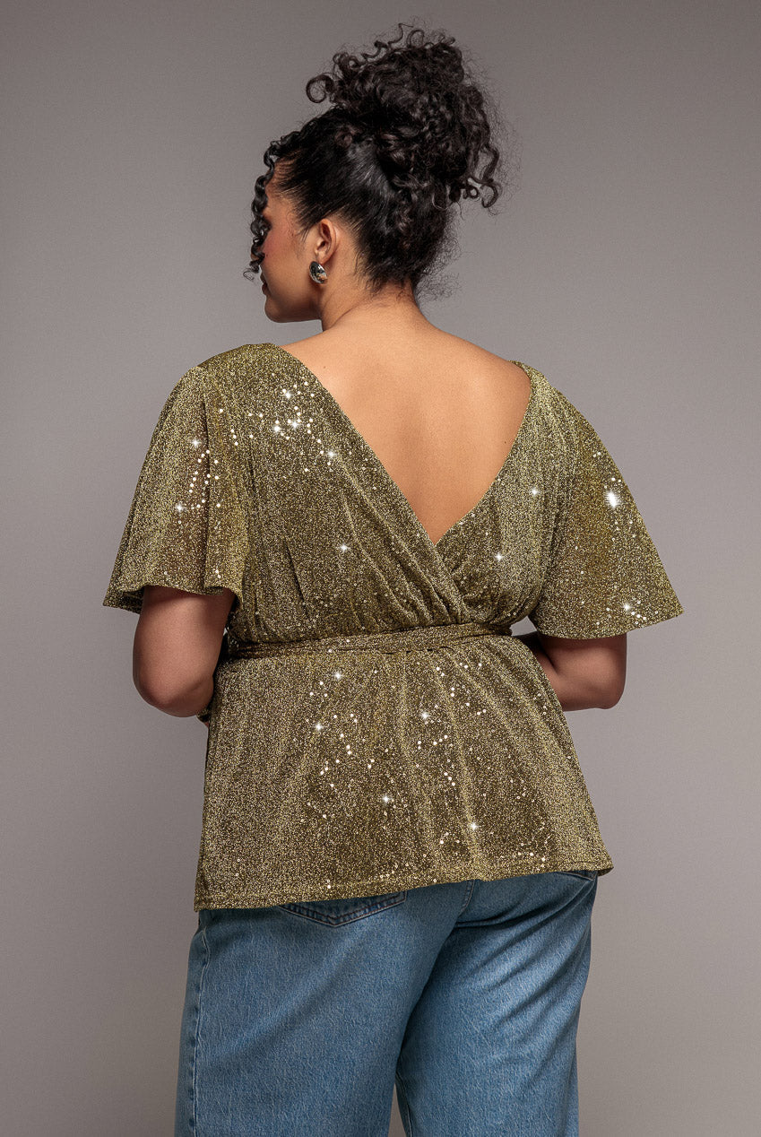 Goddiva Plus Lurex Flutter Sleeve Wrap Top - Gold