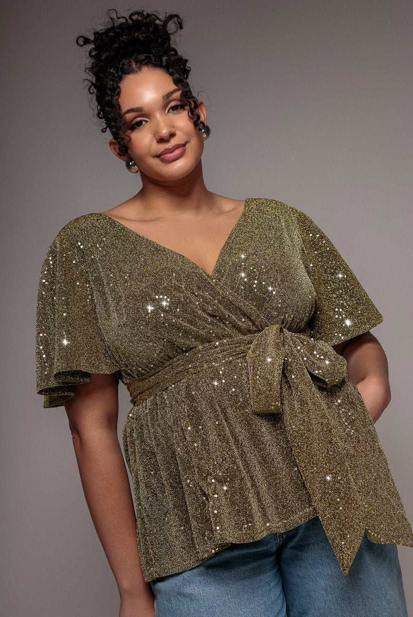 Goddiva Plus Lurex Flutter Sleeve Wrap Top - Gold