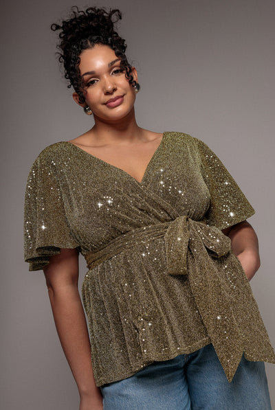 Gold - Goddiva Plus Lurex Flutter Sleeve Wrap Top - Gold