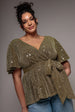 Goddiva Plus Lurex Flutter Sleeve Wrap Top - Gold