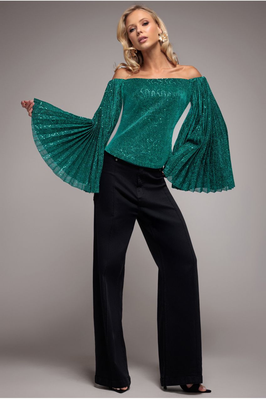 Goddiva Sequin Lurex Bardot Pleated Sleeve Top - Teal Blue