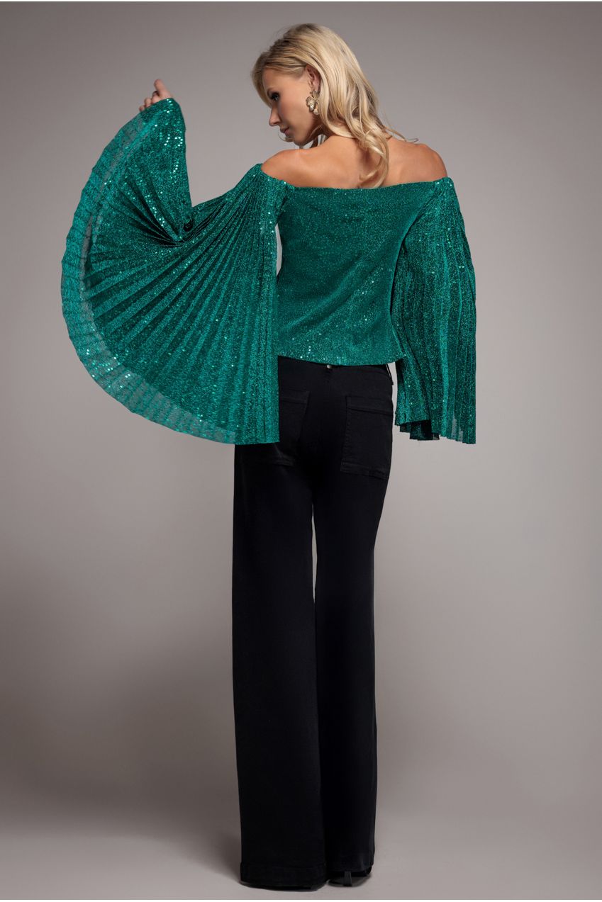 Goddiva Sequin Lurex Bardot Pleated Sleeve Top - Teal Blue