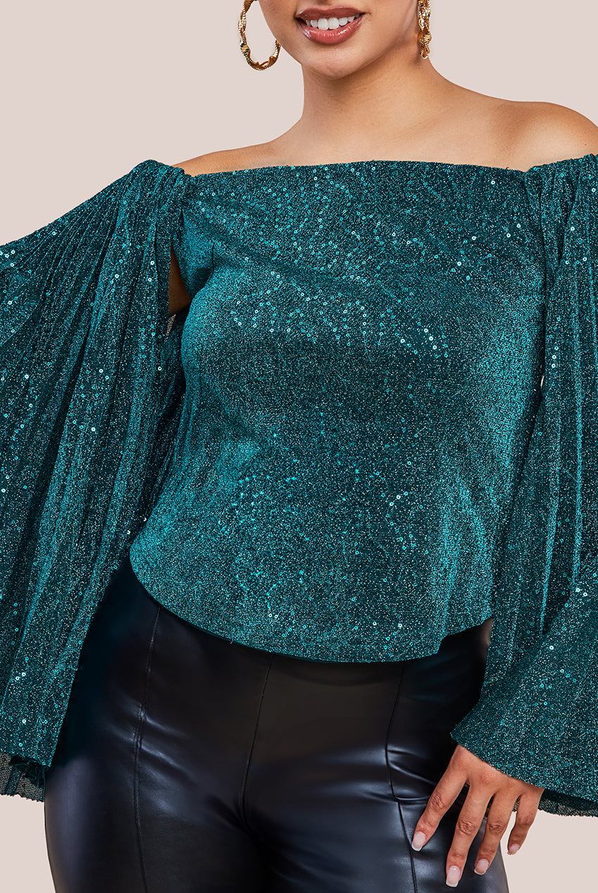 Goddiva Sequin Lurex Bardot Pleated Sleeve Top - Teal Blue