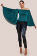 Goddiva Sequin Lurex Bardot Pleated Sleeve Top - Teal Blue