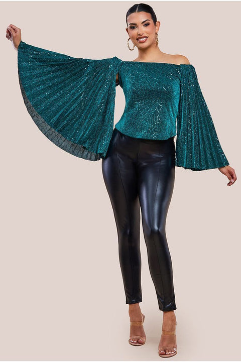 Goddiva Sequin Lurex Bardot Pleated Sleeve Top - Teal Blue