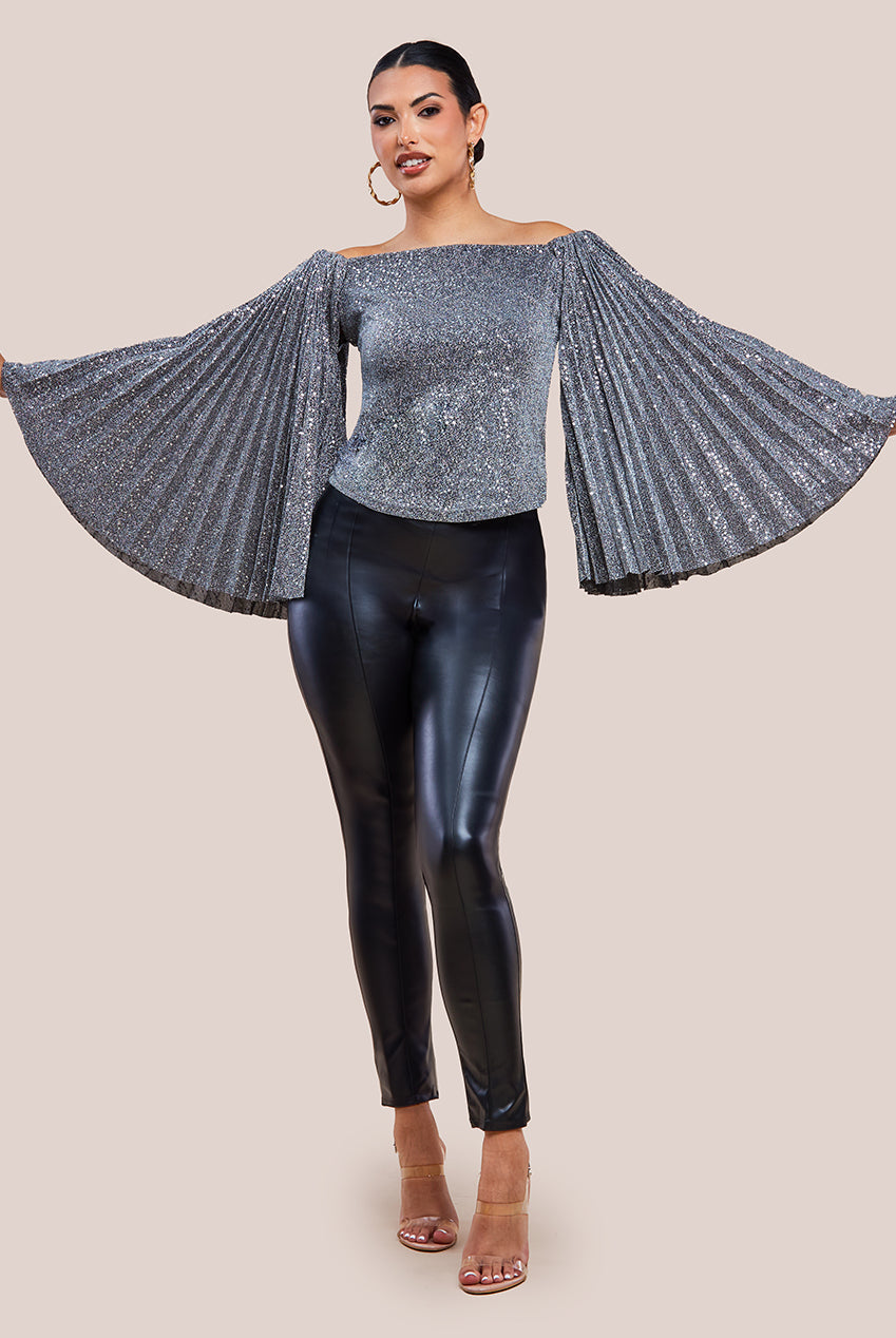 Goddiva Sequin Lurex Bardot Pleated Sleeve Top - Silver