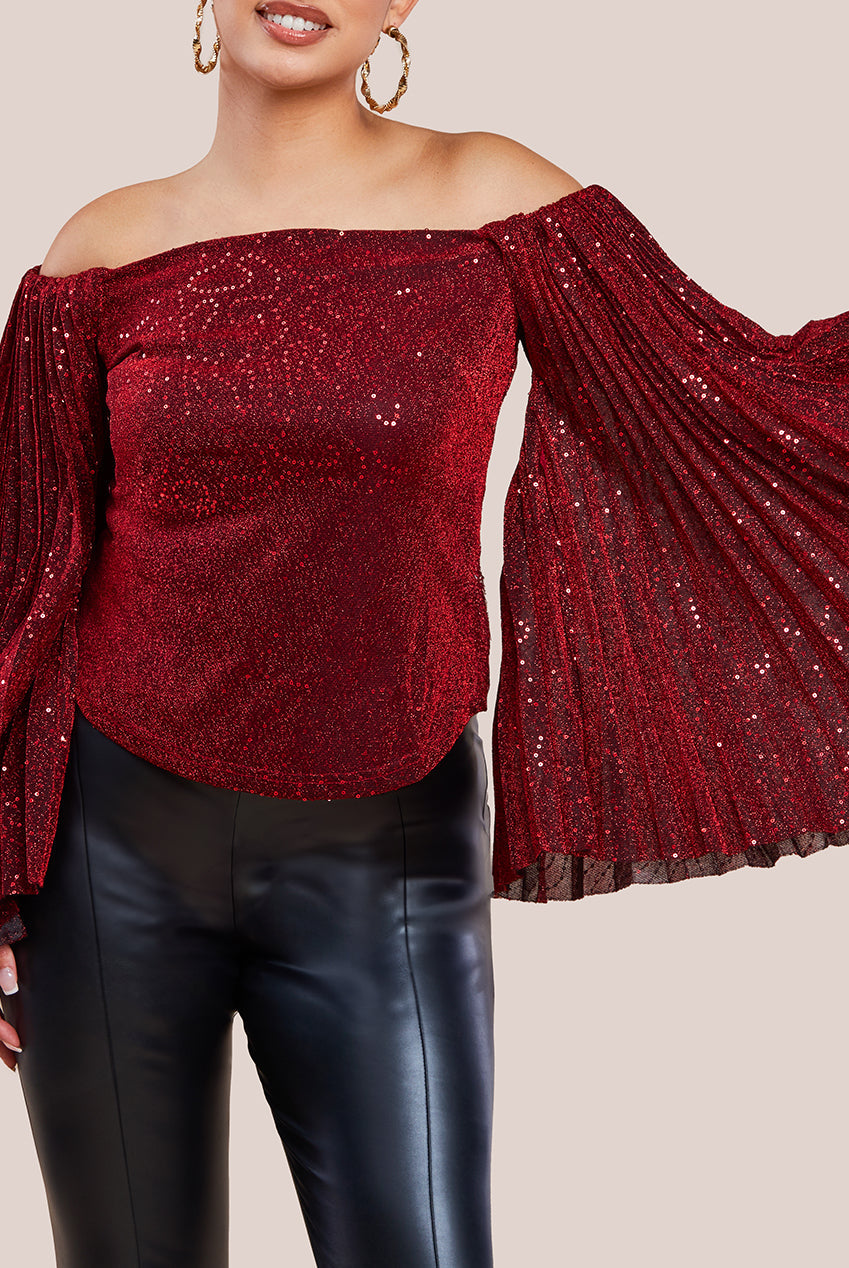 Goddiva Sequin Lurex Bardot Pleated Sleeve Top - Wine