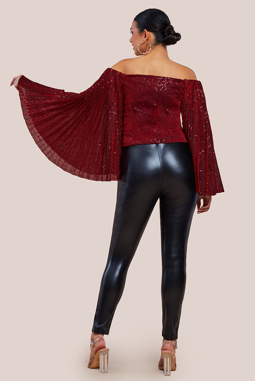 Goddiva Sequin Lurex Bardot Pleated Sleeve Top - Wine